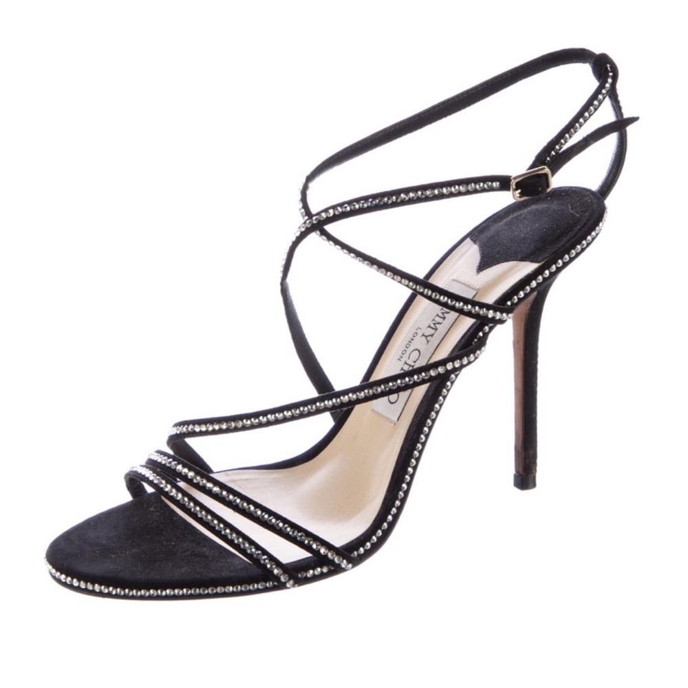 Jimmy Choo black suede rhinestone strappy sandals heels wear year round! 39